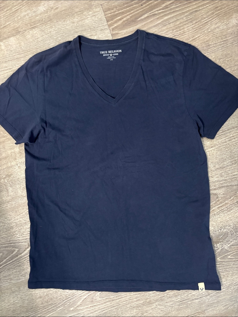 True Religion Men's Navy Blue V-Neck T-Shirt Large 100% Cotton